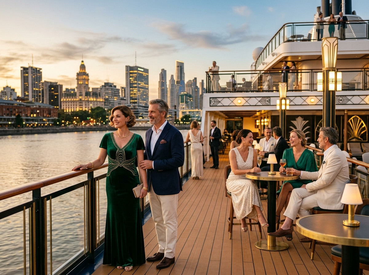Adult passengers enjoying an elegant open cruise deck near Buenos Aires