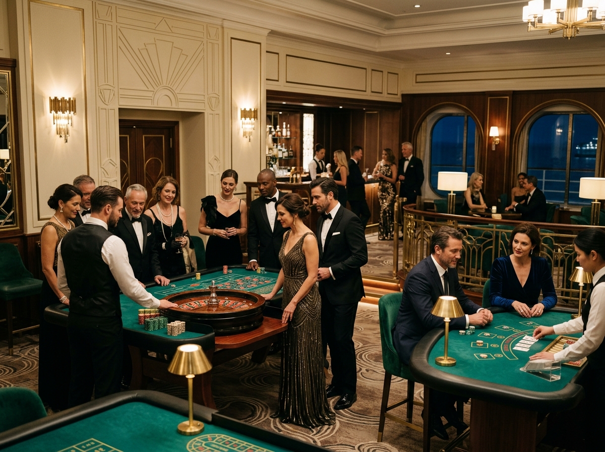 Refined Art Deco casino salon aboard a cruise ship