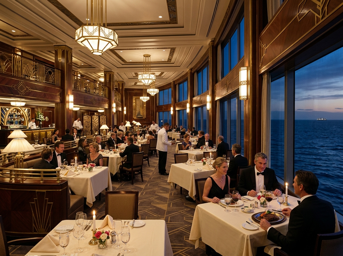 Grand Art Deco dining room with ocean windows