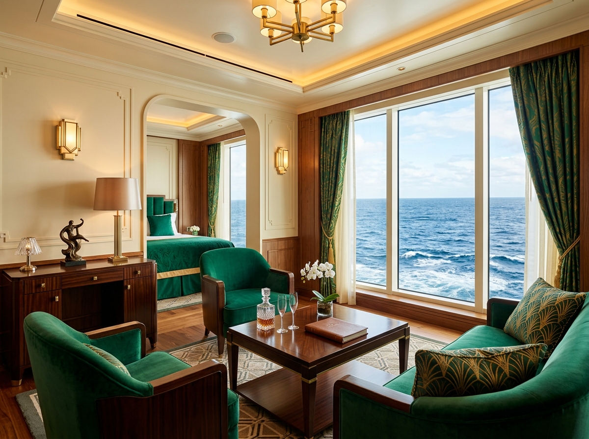 Luxury Art Deco cruise suite overlooking the Atlantic