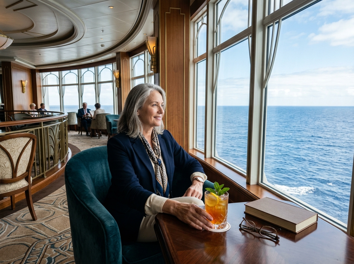 Adult cruise passenger taking a calm break in an ocean lounge