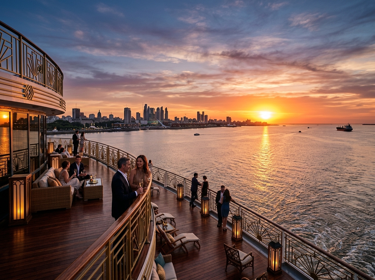 Sunset view across Río de la Plata from a cruise deck
